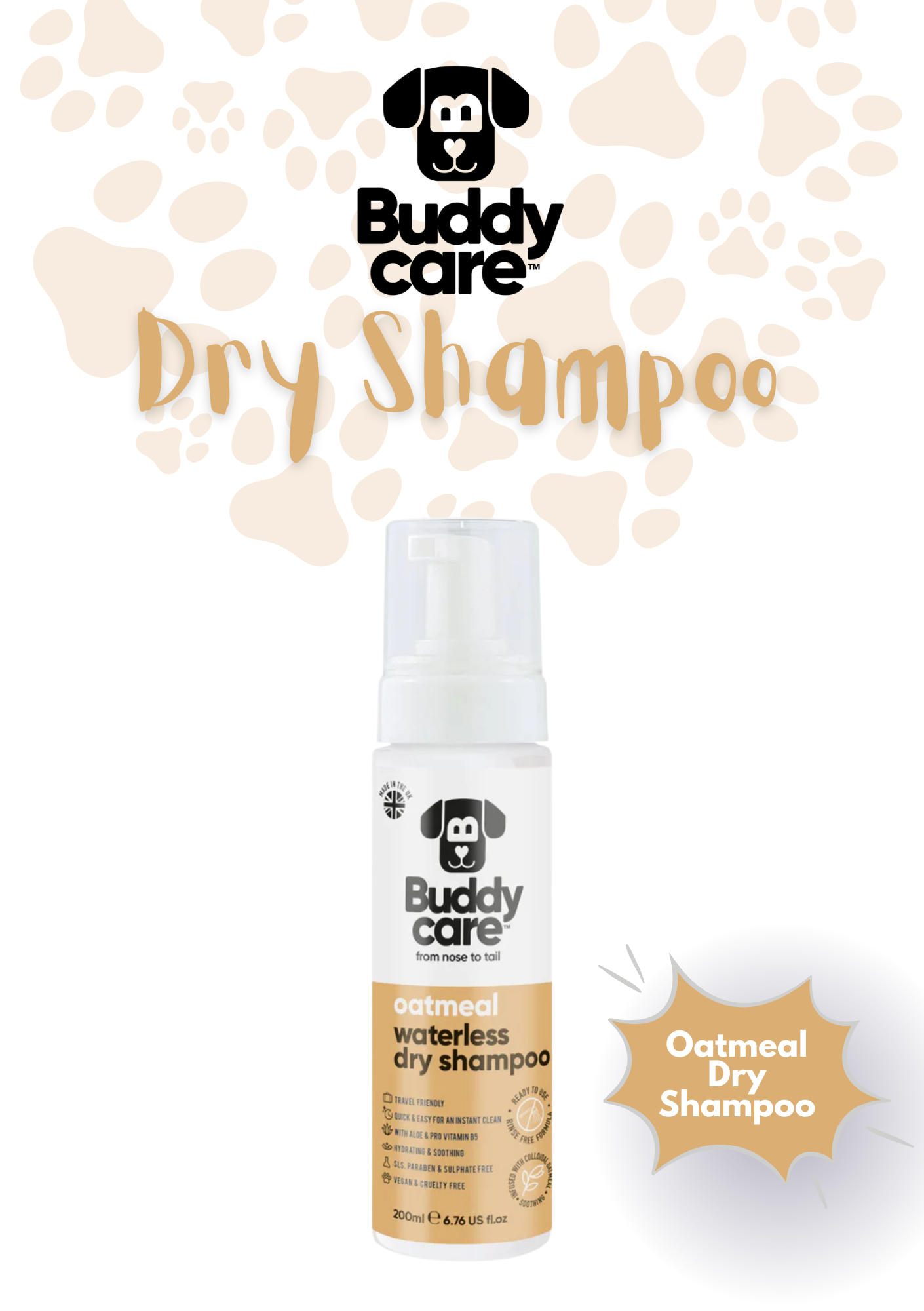 🐾🌾 Buddycare Oatmeal Waterless Dry Dog Shampoo | 250 ml | Paw Choices