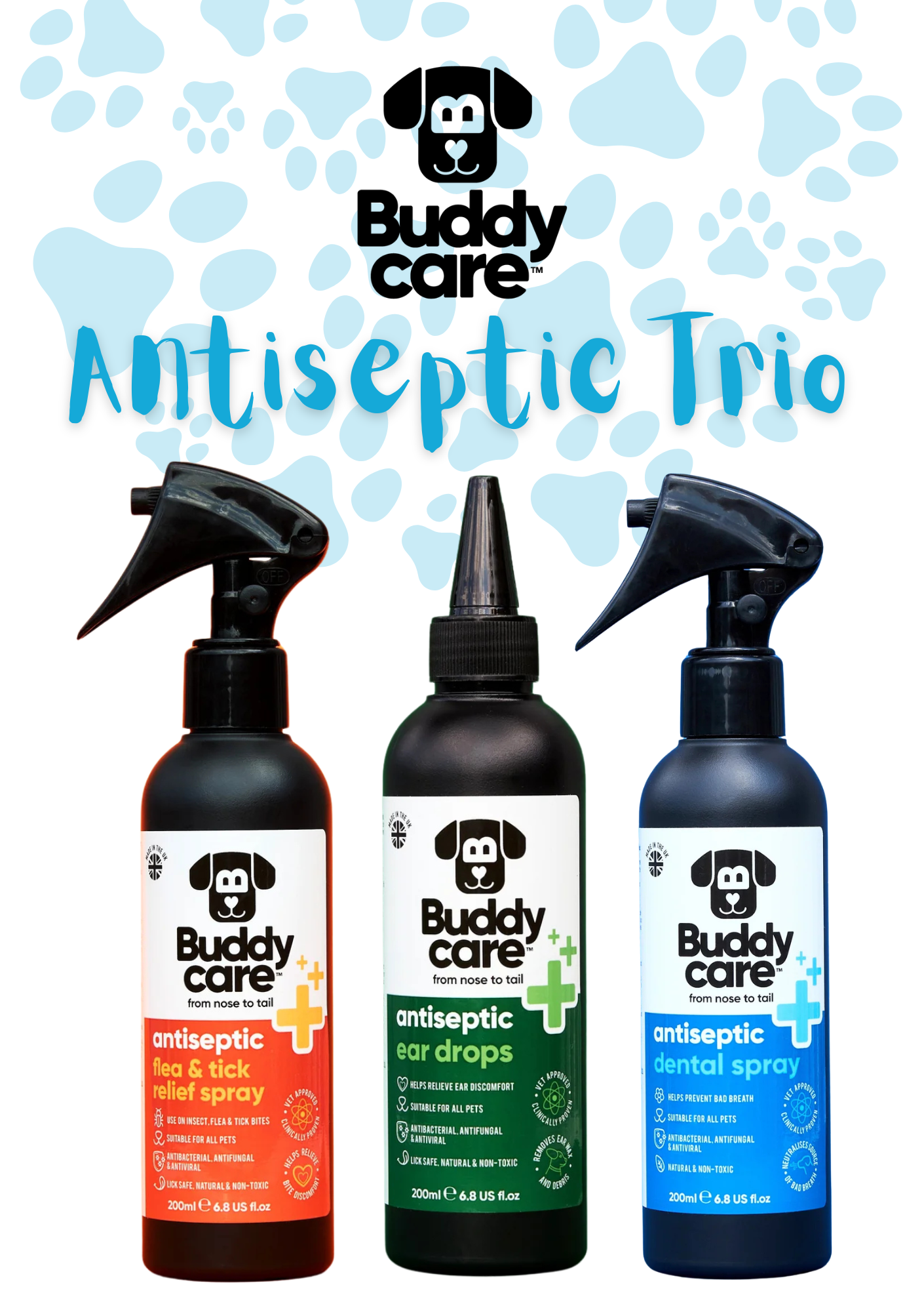 🐾🛡️ Buddycare Antiseptic Care Bundle for Dogs | Ear Drops + Flea & Tick Spray + Dental Spray | 3-Step Hygiene Protection | Paw Choices