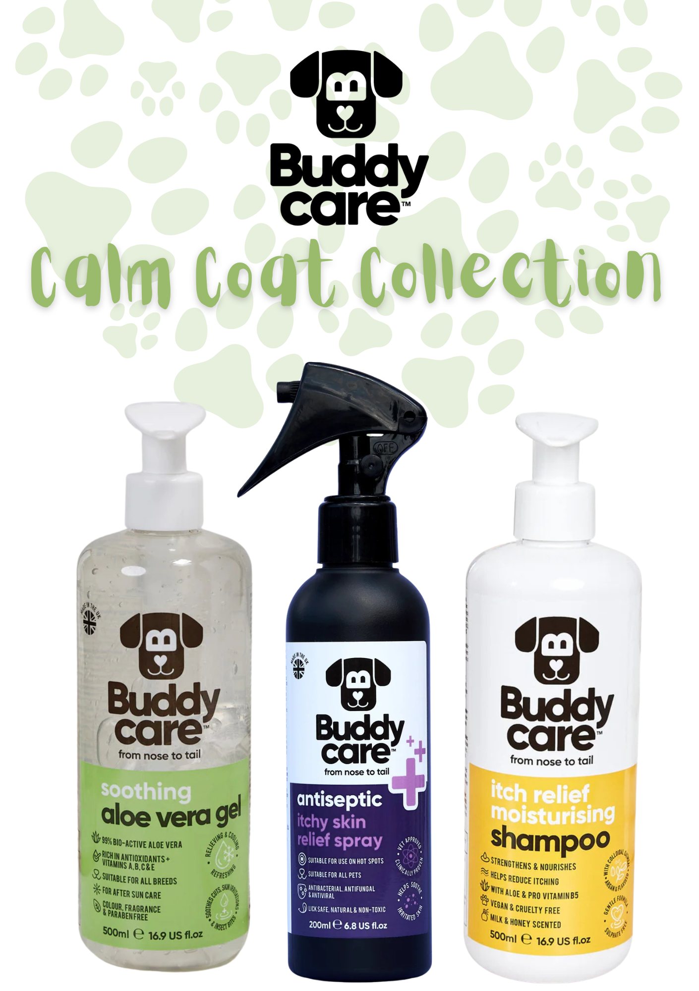 🐾🌿 Buddycare Itch Relief Trio | Itch Relief Dog Shampoo + Antiseptic Itchy Skin Spray + Aloe Vera Gel | Soothes, Cools & Heals | Paw Choices