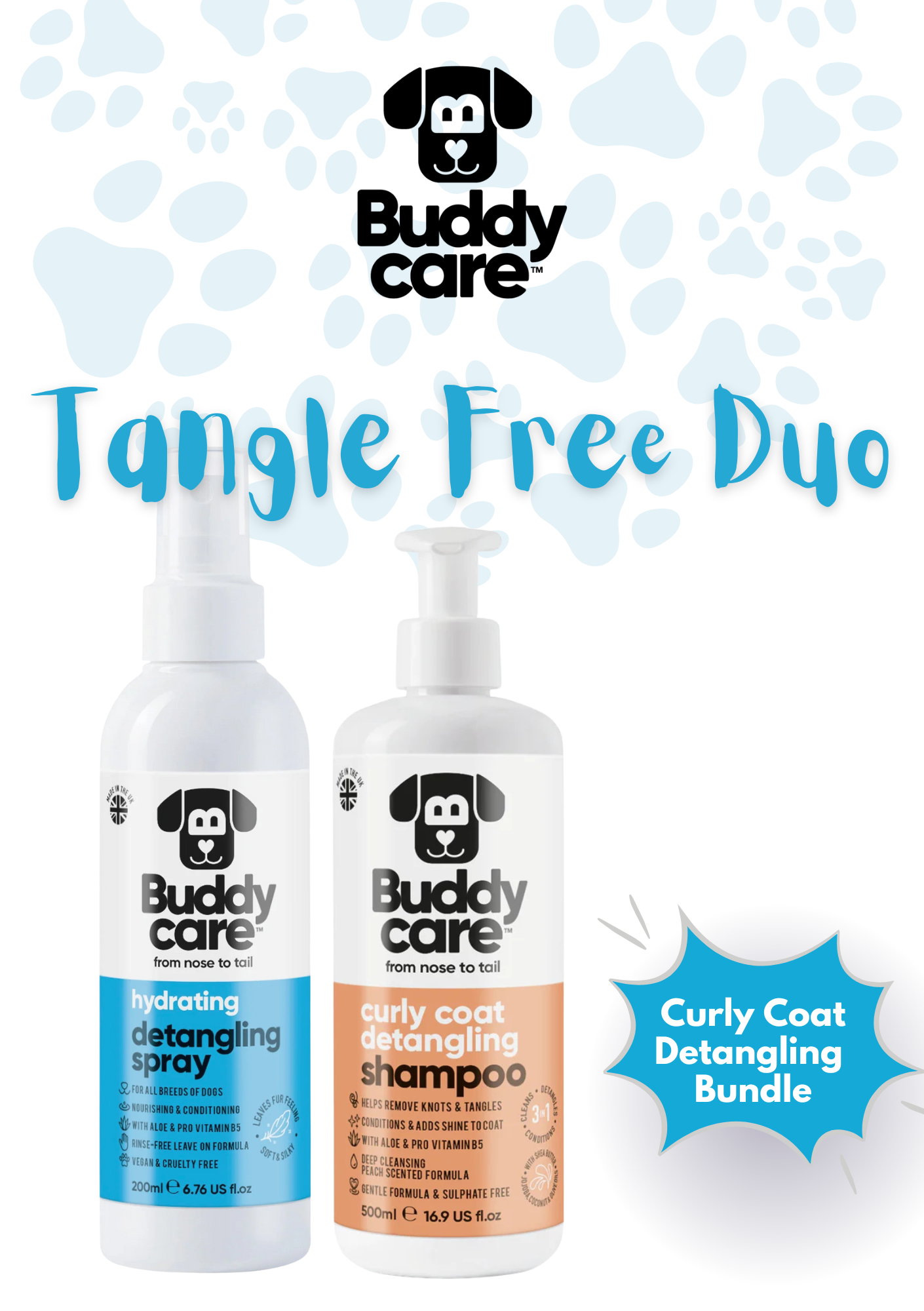 🐶✨ Buddycare Curly Coat Duo | Detangling Dog Shampoo + Detangling Spray | Tangle-Free, Soft & Shiny Coats | Paw Choices