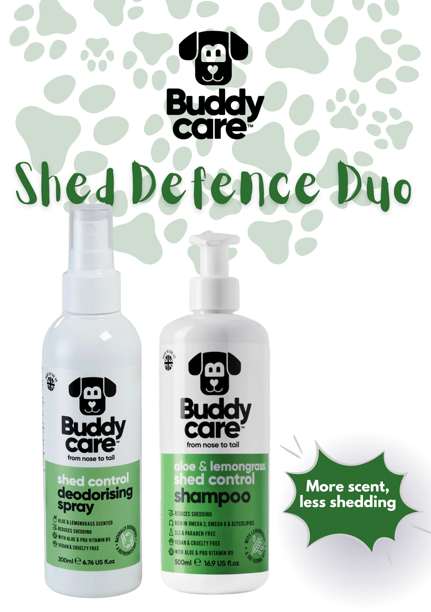 ๐พ๐ Buddycare Shed Control Duo | Shed Control Dog Shampoo + Deodorising Spray | Reduces Shedding, Freshens & Nourishes Coat | Paw Choices