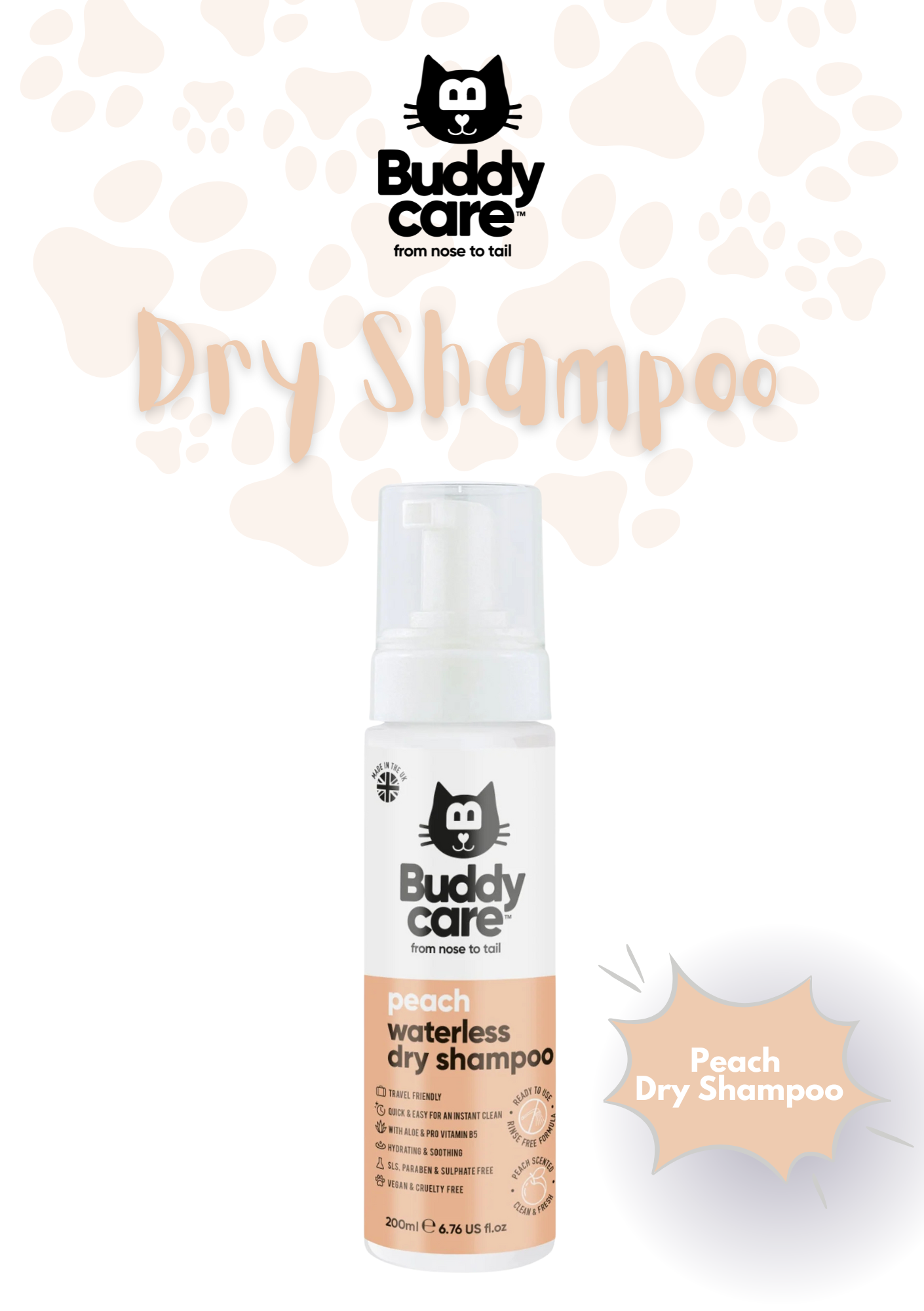 🐾🍑 Buddycare Peach Waterless Dry Cat Shampoo | 250 ml | Paw Choices
