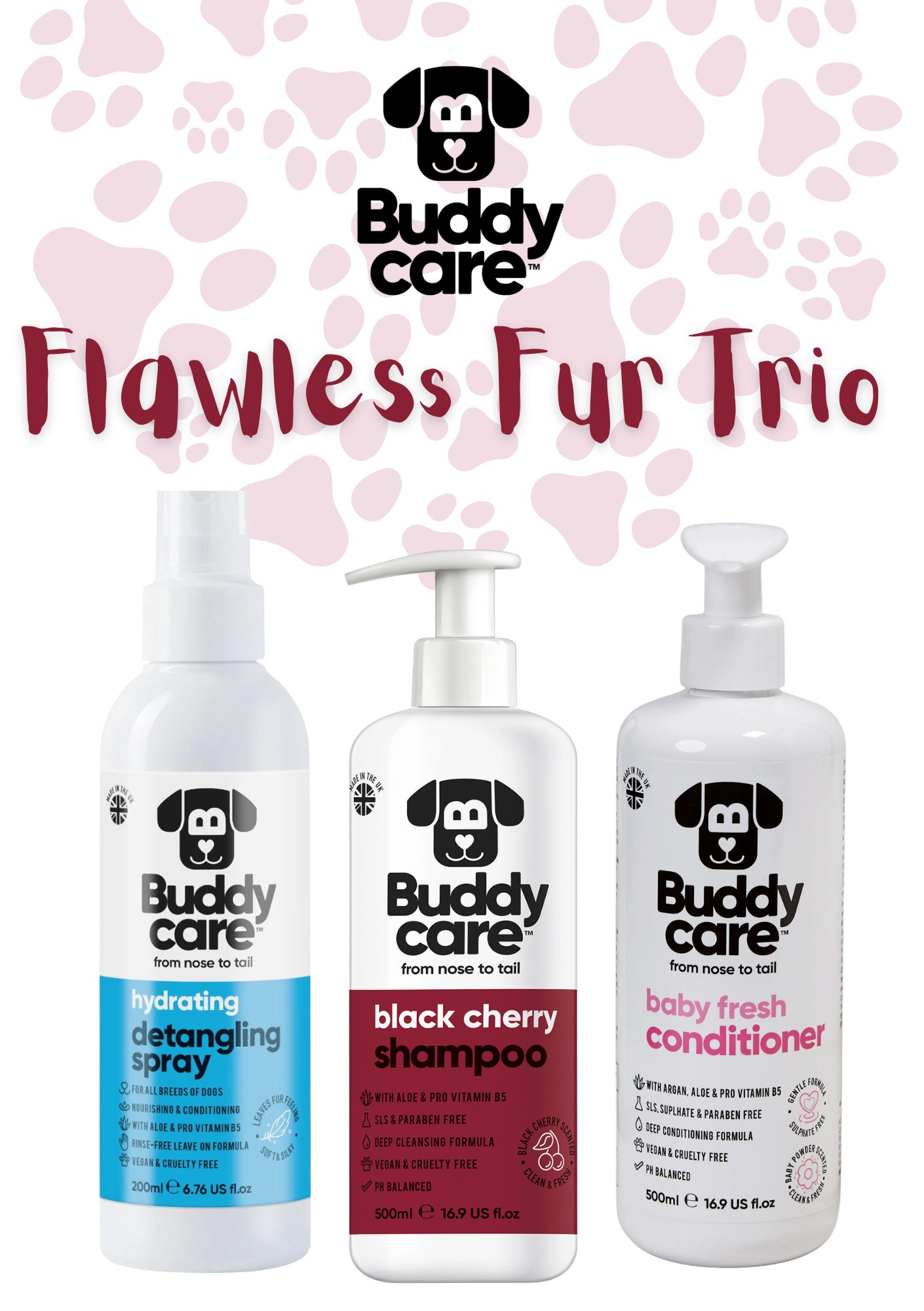 🐾🐕 Buddycare Dog Grooming Bundle | Shampoo + Conditioner + Detangling Spray | Soft, Shiny & Easy-to-Manage Coat | Paw Choices