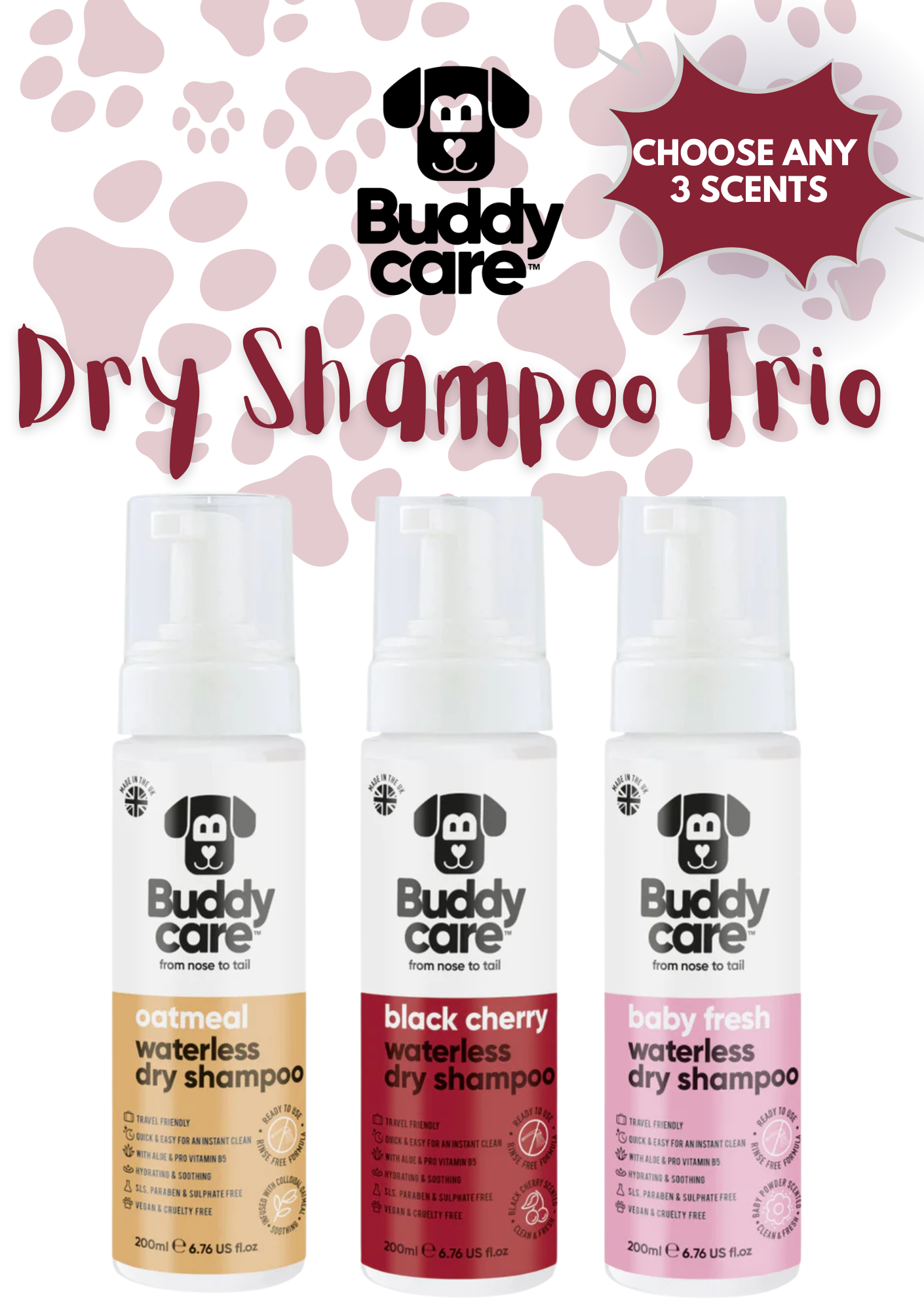 🐾🧴 Buddycare Waterless Dry Dog Shampoo Trio | 200 ml Each | Choose Any 3 Scents | No-Rinse, Refresh & Deodorise | Paw Choices