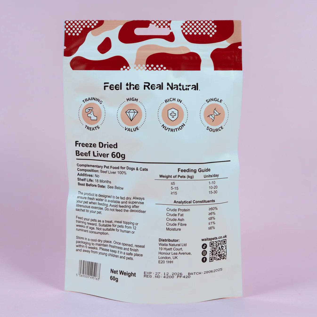 Waita Freeze‑Dried Beef Liver Cubes (60g) For Dogs & Cats